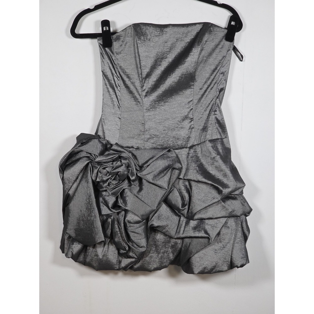 Jessica McClintock Womens 8 Mini Dress Silver Ruched Bubble Hem Rosette Vtg Prom